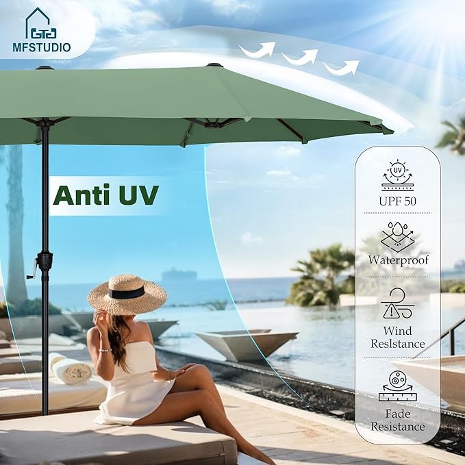 MFSTUDIO 13ft Outdoor Patio Umbrella, Double Sided Large Rectangular Umbrella Market Table Twin Triple Rectangle Umbrellas with Crank Handle for Outside Picnic Backyard Deck Pool (no base)
