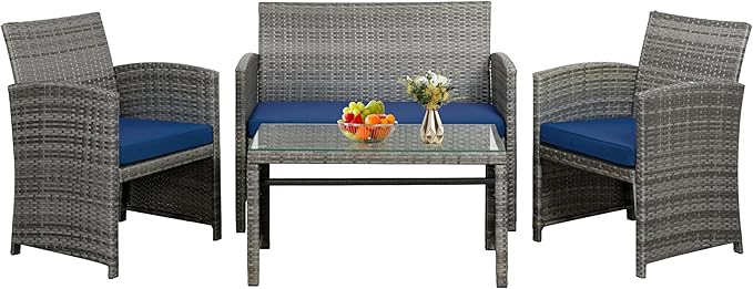 SUNLEI 4 Pcs Patio Ratten Set, Outdoor Furniture Set Wicker Conversation Set with Cushions and Tempered Glass Tabletop Outdoor Patio Furniture Sets (Dark Blue)