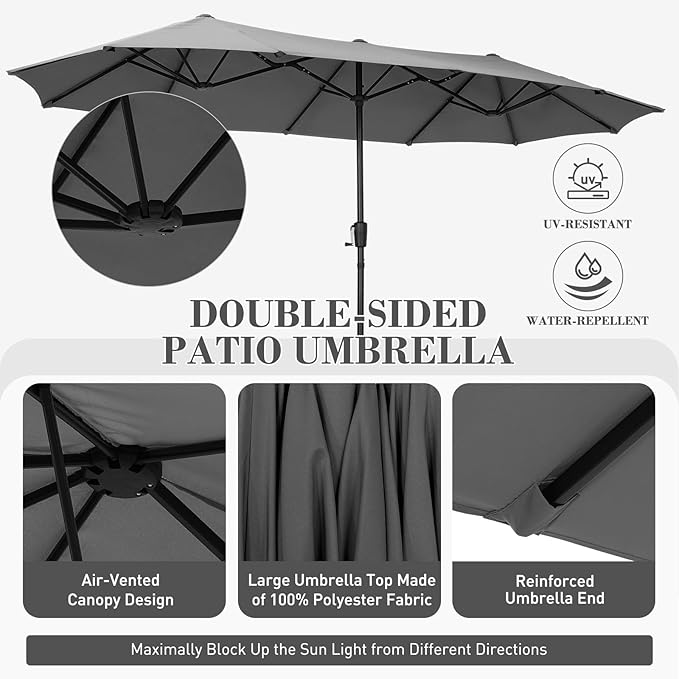 13 ft Patio Umbrella, Large Rectangle Outdoor Umbrella with Strap, Crank, Grey