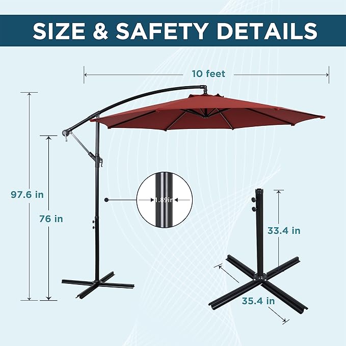 10FT Offset Patio Umbrella, Cantilever Hanging Umbrella with Infinite Tilt, Fade-Resistant Water-Repellent Canopy & Cross Base for Yard, Garden & Deck