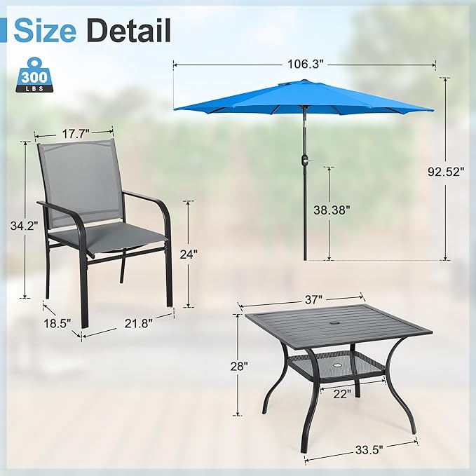 Crownland 5 Piece Patio Dining Set, Textilene Dining Sets, 4 Textilene Metal Chairs and Square Outdoor Dining Table with Sky Blue 9FT Round Outdoor Umbrella (Grey)