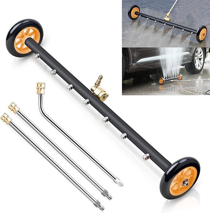 Pressure Washer Undercarriage Cleaner, Upgrade Extended 24 Inch Power Washer Surface Cleaner Attachments with 7 Nozzles, UnderCar Wash Water Broom w/ 2 Pcs Extension Wand 1 Pc 75°Angled Wand 4000 PSI