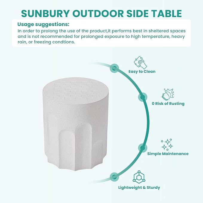 SUNBURY Outdoor Side Table w Chessboard, 15" W Concrete End Table, Patio Side Table Lightweight MgO, Round Accent Tables, Garden Stool Plant Stand for Yard, Front Porch, Spotted White