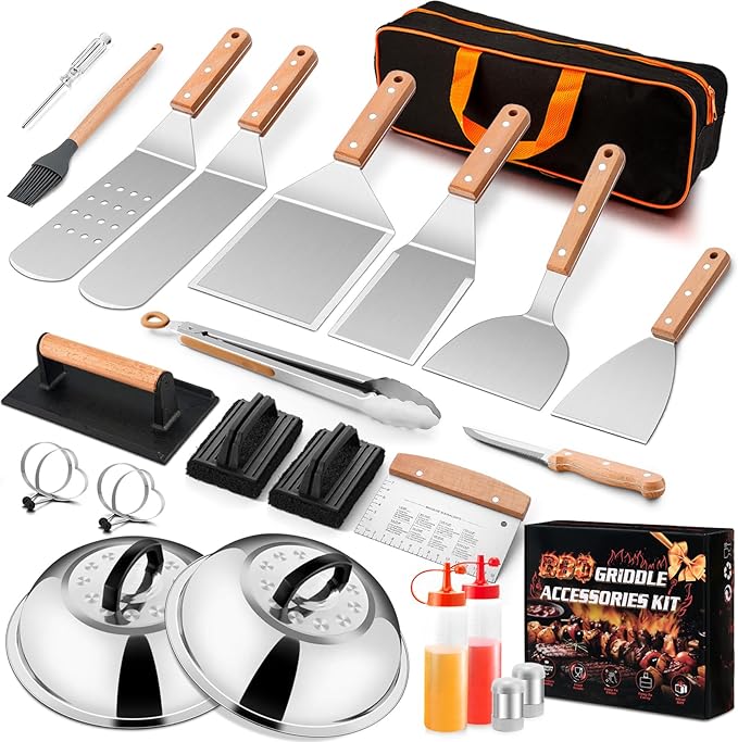 25Pcs Griddle Accessories Kit for Blackstone, Joyfair Stainless Steel Flattop Grilling Spatula Accessory Tools Set with Smash Burger Press Basting Cover for Outdoor BBQ Hibachi Cooking (Wooden Handle)