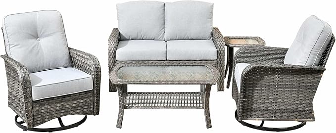 5 Pieces Outdoor Patio Furniture Set with Coffee Table, All Weather Wicker Patio Conversation Sets with Rocking Chairs, Balcony Furniture Sets for Backyard, Garden, Poolside, Grey