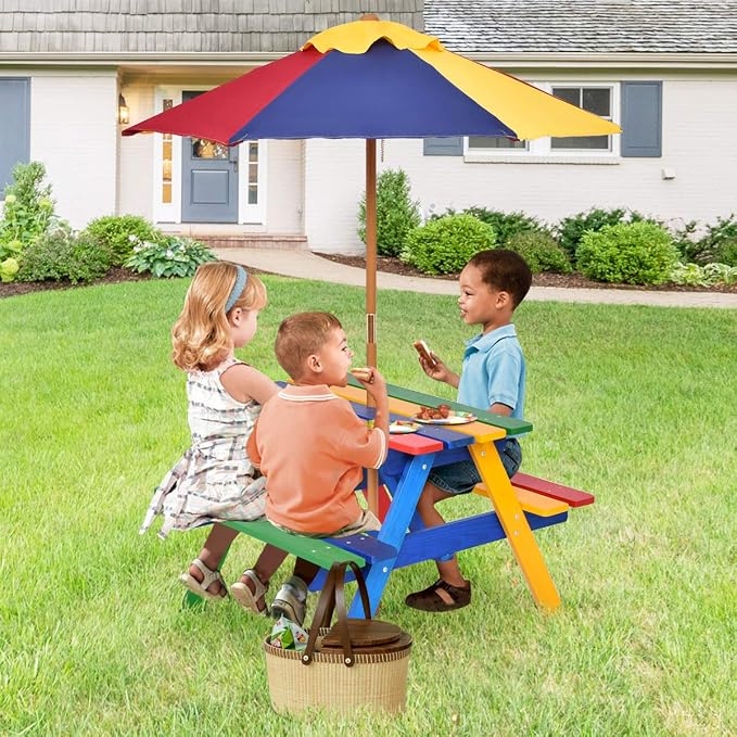 Costzon Kids Picnic Table Set, Colorful Wood Picnic Table and Benches with Removable/Folding Umbrella, Children Rainbow Bench Outdoor Patio Set