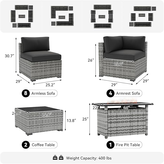 LazySunsets 15-Piece Patio Furniture Set with 44" Fire Pit Table, Wicker Outdoor Furniture, Patio Conversation Sets with Coffee Table, Outdoor Sectional Couch with Waterproof Cover, Black