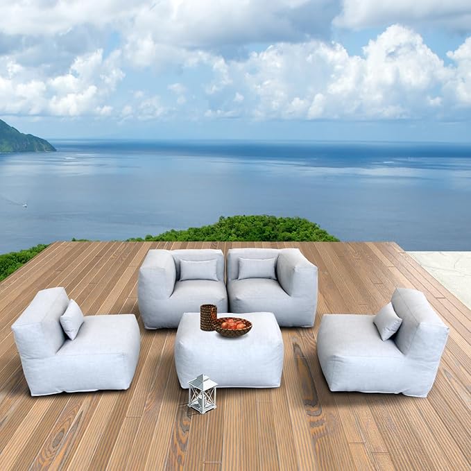 ANNYH Modern Calaluna 5Pc Patio Garden Furniture Sectional Conversation Set Combines 2Middle 2Corner 1Ottoman/CoffeeTable -Exp Foam Filling Chairs - UNIQUE Modular Contemporary Sofa (Cloud Gray)