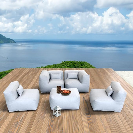 ANNYH Modern Calaluna 5Pc Patio Garden Furniture Sectional Conversation Set Combines 2Middle 2Corner 1Ottoman/CoffeeTable -Exp Foam Filling Chairs - UNIQUE Modular Contemporary Sofa (Cloud Gray)