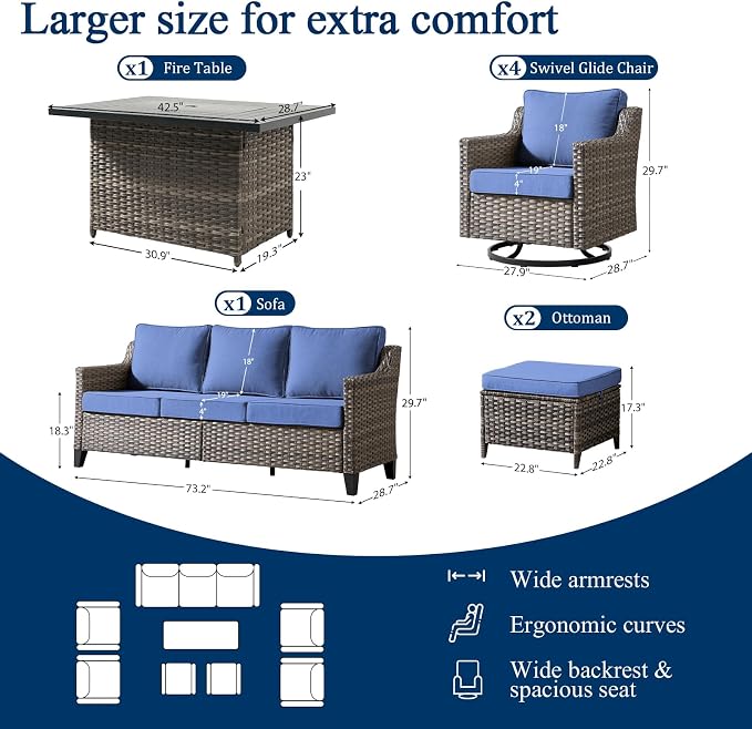 Luxury Patio Furniture Sofa Set - 8 Pieces All Weather Wicker Outdoor Couch and High Back Swivel Rocker Patio Chairs with fire Pit for Deck Yard and Poolside Gray Wicker | Blue Cushions