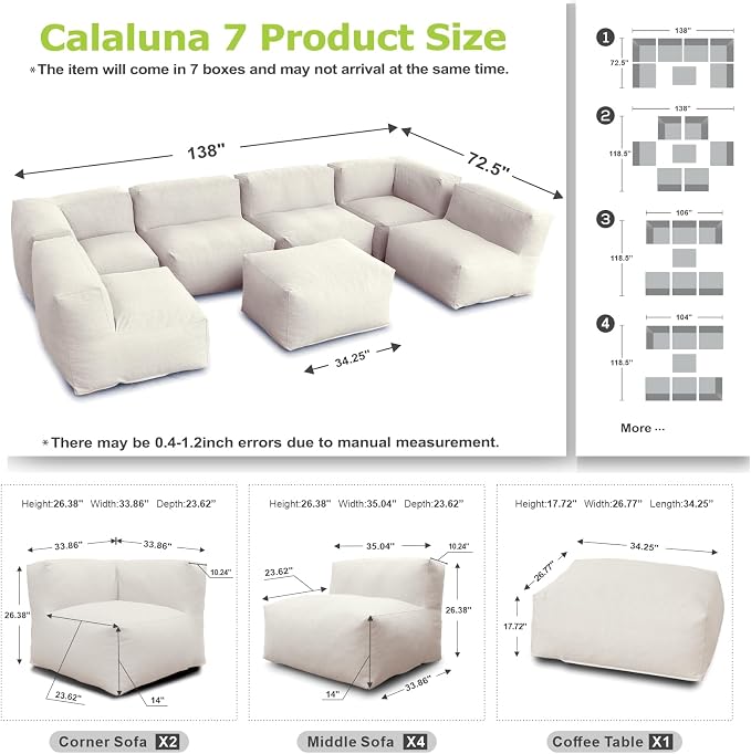 Dineli ANNYH CALALUNA 7Pc Patio Garden Furniture Sectional Conversation Set.Combines 4Middle, 2Corner, 1Ottoman/Coffee Outdoor Exp Foam Filled Chairs. A Unique Modular Contemporary Sofa (Light Beige)