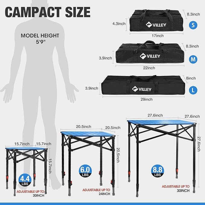 VILLEY Folding Camping Square Table with Carry Bag, Lightweight Aluminum Adjustable Square Table for Outdoor, Camping, Picnic, Backyards, BBQ, Small