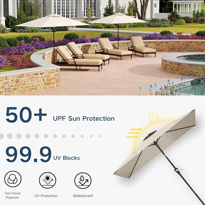 6.5' x 10' Rectangular Patio Umbrella Large Outdoor Market Umbrella w/UV Protection, Push Button Tilt and Crank Lift, Rectangle Table Umbrella for Garden, Deck, Pool, Patio, Beige