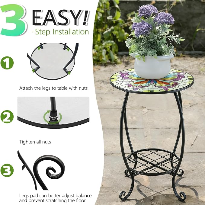 Arbuxzuy 12 Inch Small Outdoor Side Table with Colorful Butterfly, Glass Mosaic Patio Table Indoor, Round Plant Coffee Table for Living Room, Balcony, Garden（Butterfly Style）