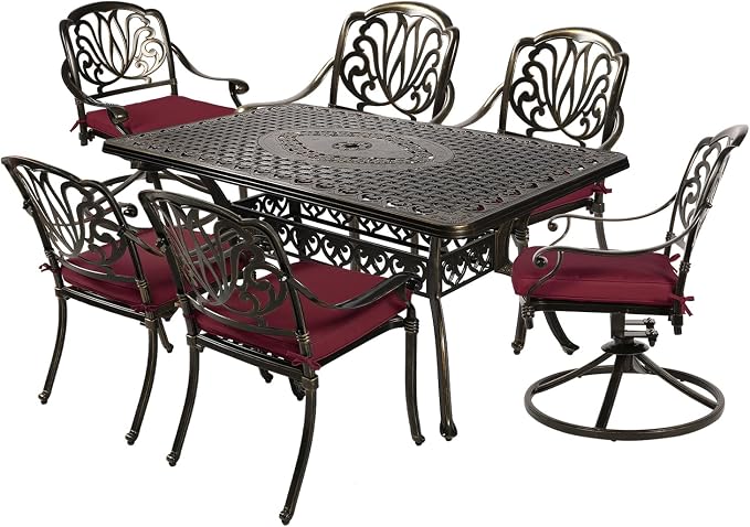 MEETWARM 7-Piece Outdoor Patio Dining Set, All-Weather Cast Aluminum Patio Conversation Set with 2 Swivel Rocker Chairs, 4 Stationary, 1 Rectangular Table, 6 Cushions, 2" Umbrella Hole, Chili Red