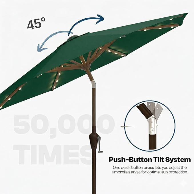 10FT Solar Lighted Patio Umbrella, Outdoor Table Market Umbrellas with Push Button Tilt and Crank, 32 LED Lights, 8 Sturdy Ribs, UV-Resistant for Deck, Garden, Pool