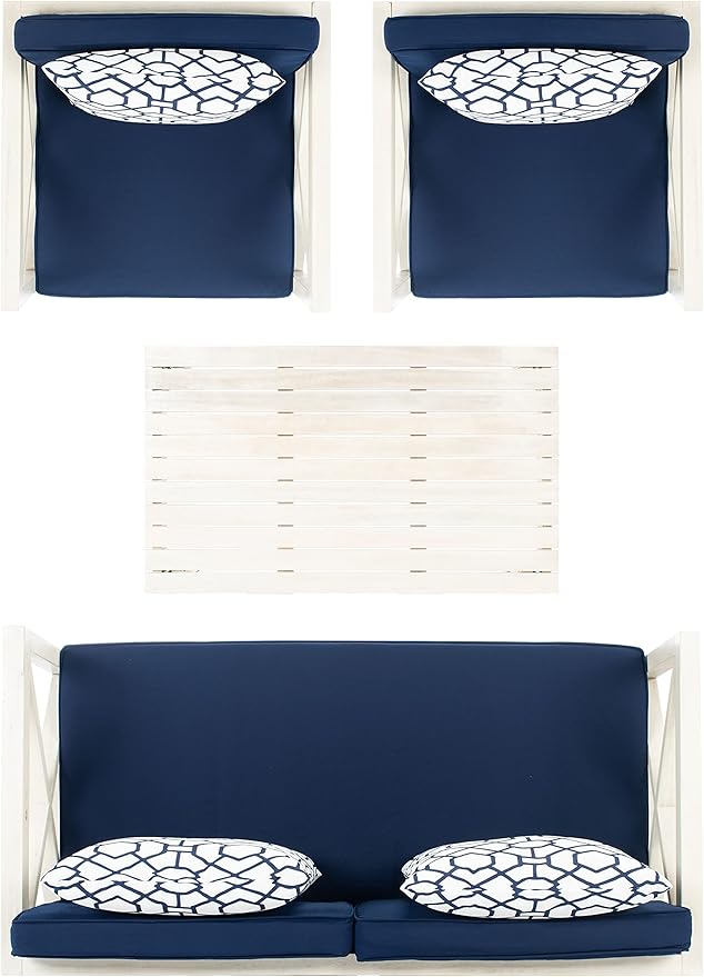 SAFAVIEH Outdoor Collection Nunzio Off-White/Navy Blue Cushion 4-Piece Conversation Patio Set with Accent Pillows