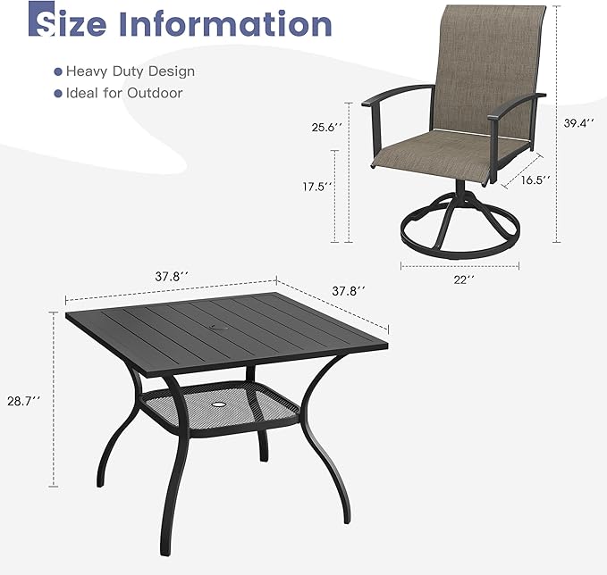 VICLLAX Outdoor Table and Chairs Set for 4, Patio Dining Set of 37.8" Metal Square Patio Table with Umbrella Hole & 4 Swivel Outdoor Dining Chairs for Backyard Lawn, Mixed Brown & Black