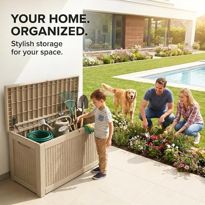 LAUSAINT HOME 100 Gallon Outdoor Deck Box, Waterproof Resin Storage Box with Lock, Patio Cushion Storage, Garden Tool Organizer, Pool Storage Container, Outdoor Storage Bench,Light Brown
