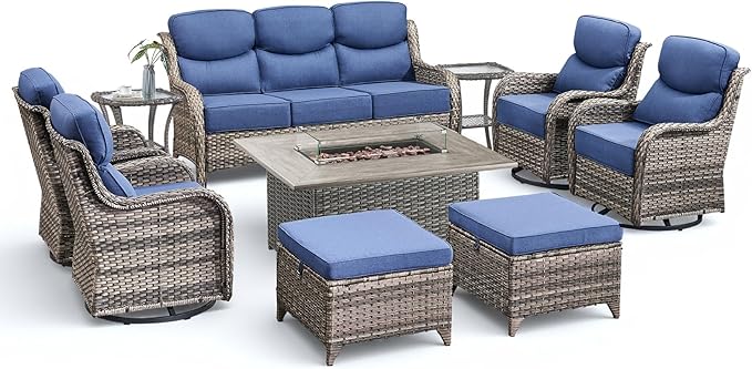 Luxury Patio Furniture Set with Fire Pit Table-10 Pieces All Weather Outdoor Swivel Rocker Chairs with Sofa and Ottomans. Outdoors Patio Conversation Sets for Porch Deck Garden Backyard(Grey/Blue)