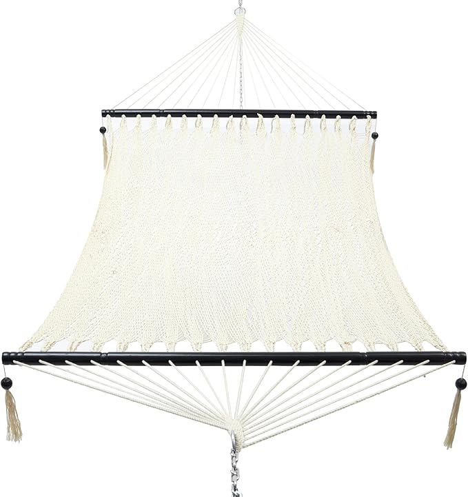 PNAEUT 2 Person Rope Hammocks for Outside, Handwoven Double Caribbean Hammock with Spreader Bar for Outdoor Indoor, Max 600 lbs Capacity (Cream)