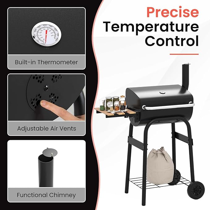 Happygrill Barrel Charcoal Grill, Outdoor BBQ Smoker Grill w/Foldable Side Table, Built-in Thermometer, Storage Shelf, Adjustable Air Vent, Portable Barbecue Grills w/Wheels for Camping & Picnic