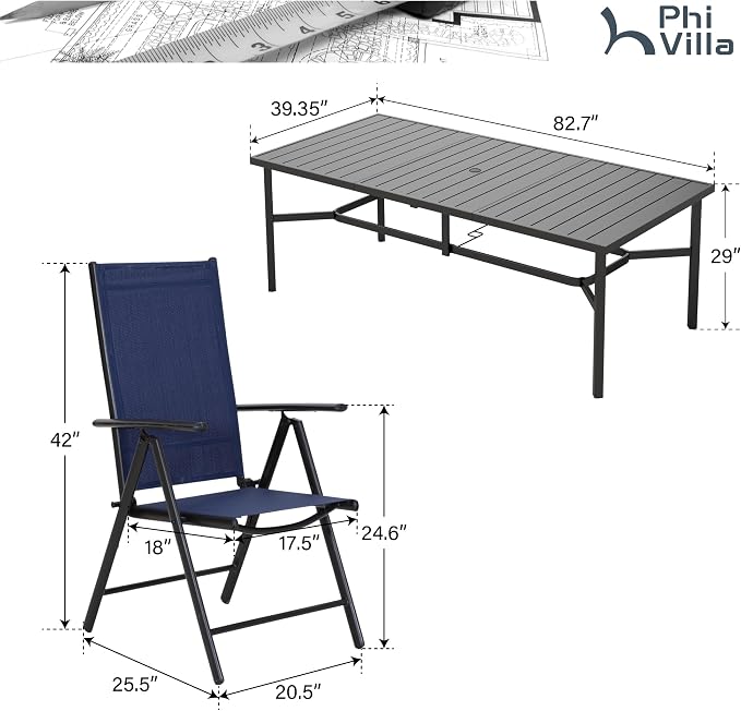 PHI VILLA Outdoor Dining Set for 8, Metal Table & Folding Chairs, Navy Blue | Light-weight & space-saving, Breathable & quick-drying, Rectangular, Umbrella Hole, Weather-Resistant, Adjustable, Patio deck