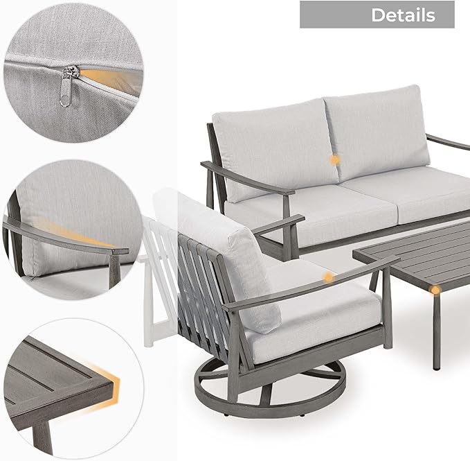 HAPPATIO Patio Outdoor Furniture Set - 4 Piece Aluminum Patio Conversation Set with 1 Coffee Table, 2 Swivel Chairs and 1 Loveseat, Aluminum Outdoor Furniture Set for Backyard Deck Poolside (Grey)