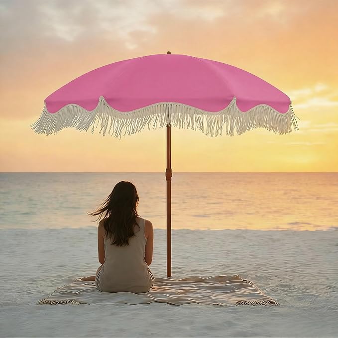 7ft Patio Umbrella with Fringe, Boho Beach Umbrellas, Outdoor Tassels Umbrellas with Push Button Tilt & Carrying Bag, 8 Windproof Fiberglass Ribs, UPF50+