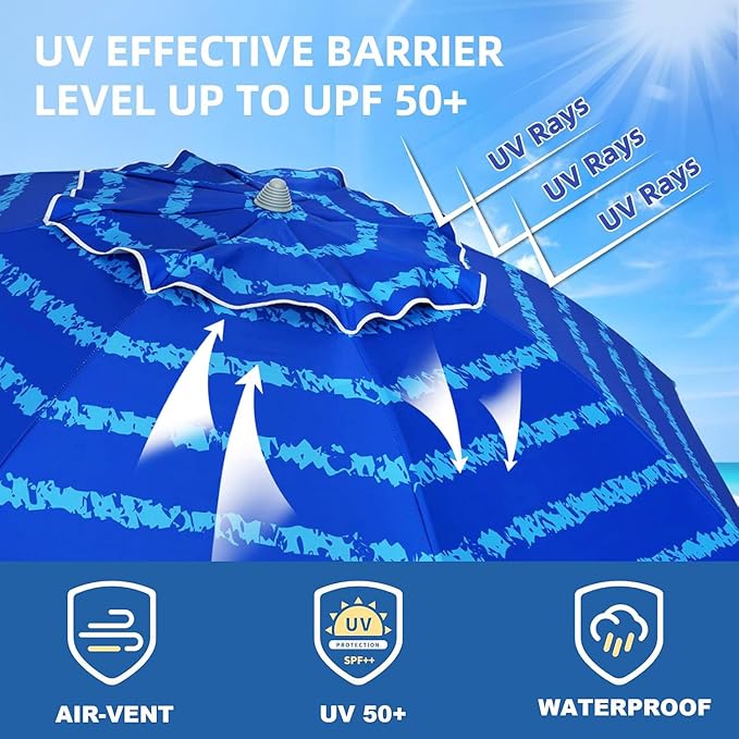 AMMSUN 7 Foot Heavy Duty HIGH Wind Beach Umbrella with sand anchor Vent Tilt Portable Sun Shelter, UV 50+ Sun Protection Outdoor Sunshade Umbrellas Carry Bag for Patio Garden Pool Backyard Multicolor