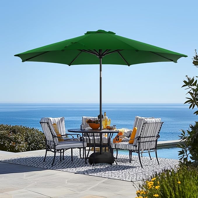 wikiwiki 9FT Patio Umbrella with Base, Outdoor Umbrellas with Base Included, 8 Sturdy Ribs, Waterproof Fade Resistant POLYESTER DTY Canopy for Deck, Lawn, Garden, Backyard & Pool, Dark Green