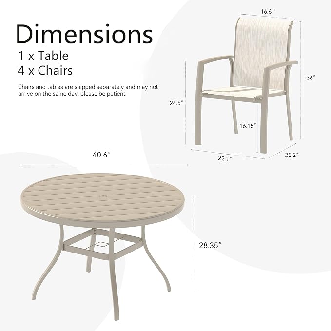 LUMISOL 5-Piece Outdoor Patio Dining Set, Patio Furniture Set with 4 Patio Stackable Dining Chairs and 40.6” Outdoor Metal Round Table, Sandstone