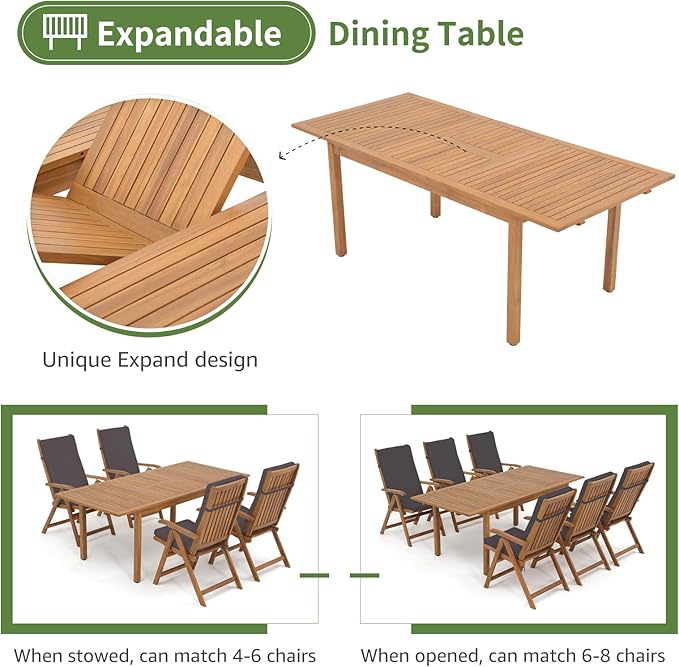 OC Orange-Casual 7 Piece Patio Dining Set, Outdoor Acacia Wood Furniture Set w/Extendable Rectangular Table and 6 Foldable Reclining Chair, Solid Wood, for Deck Garden Backyard, Dark Grey