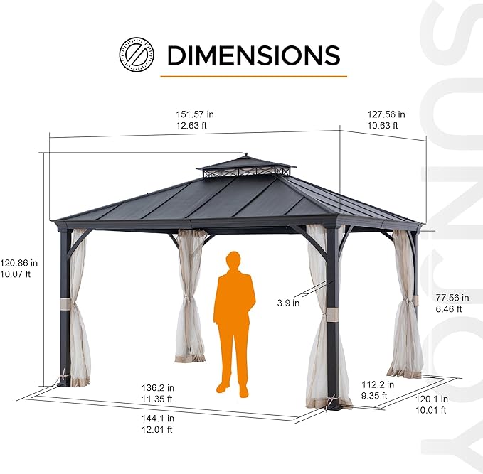 Sunjoy Hardtop Gazebo 11 x 13 ft. Outdoor Patio Black Metal Gazebo with Double Tiered, Ceiling Hook and Mesh Netting, Black