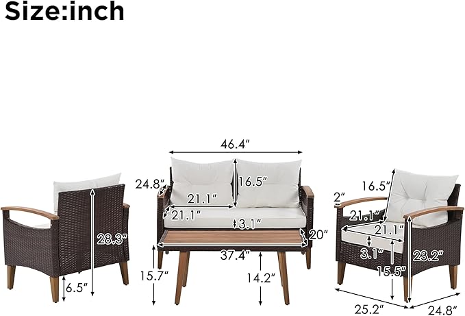 LUMISOL 4 Piece Patio Conversation Set Rattan Chair Set Outdoor Furniture Set with Cushions and Coffee Table for Backyard Porch Poolside, 4-Piece Wicker Patio Furniture Set (Beige)