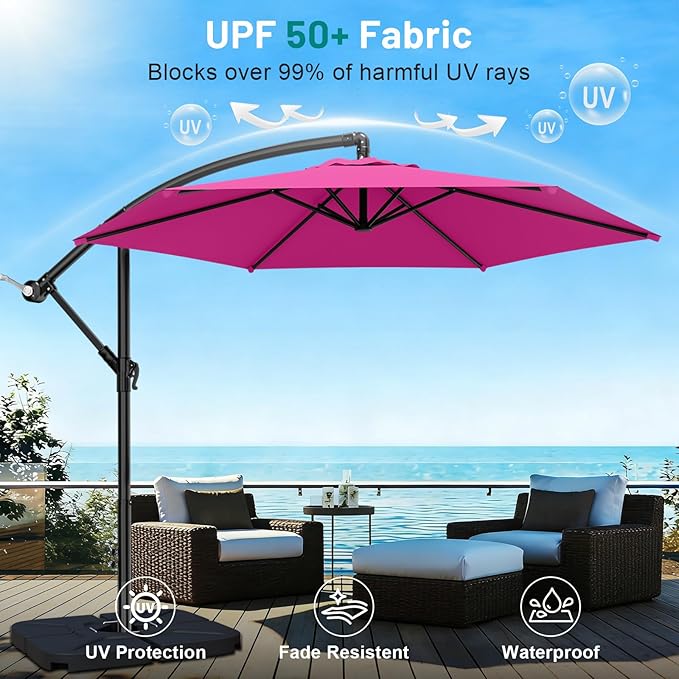 AreShark 10FT Patio Outdoor Umbrella, Offset Patio Umbrella Cantilever Umbrella, 6 Sturdy Ribs, Easy Adjustment for Garden Market Pool with Cross Base (Rose Pink)