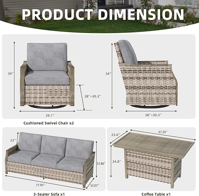 MELLCOM 4 Pieces Outdoor Patio Furniture Set with Swivel Chairs, All Weather Rattan Wicker Patio Conversation Set with 3-Seater Sofa, Coffee Table for Patio, Balcony, Porch, Deck