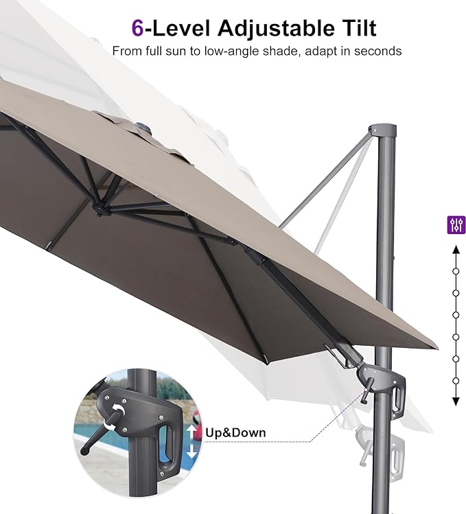 PURPLE LEAF 8' X 8' Swivel Outdoor Patio Aluminum Umbrella with Base Left-right Tilting Cantilever Offset Umbrella with UV Resistant Heavy Duty Fabric for Deck Pool Patio Backyard, Ash Mocha