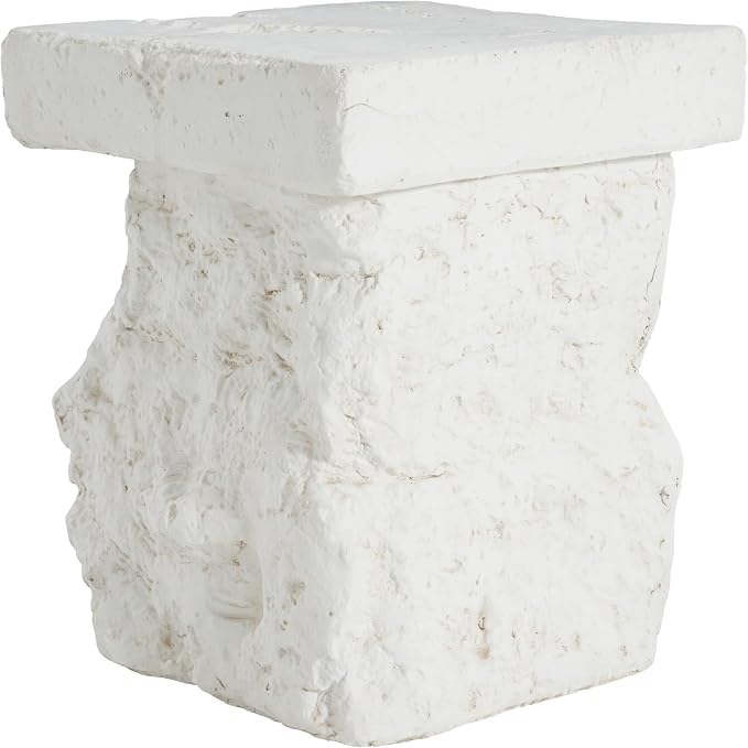 Christopher Knight Home Nataly 18.75" H Small Outdoor Side Table, Carved Garden Stool with Stone Block Shape, Lightweight Concrete End Table, Patio Decorative Home Stool for Balcony Backyard, White