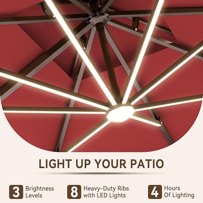 10 X 13 FT Cantilever Outdoor Patio Umbrella with Base Included Large Heavy Duty 360° Rotation Double Top Offset Rectangular Umbrellas with LED Lights for Backyard Outside Deck, Red