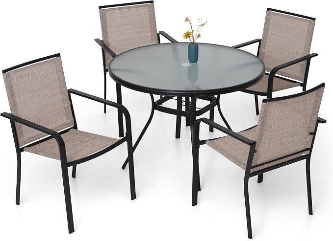 Anmutig 5-Piece Outdoor Patio Dining Set, 40-Inch Round Glass Table with 4 Stackable Chairs,Beige Grey