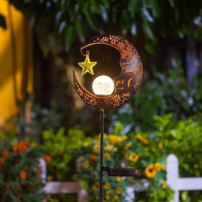 Hapjoy Solar Lights Outdoor Decor Moon Lantern for Patio,Lawn or Pathway Moon Decorations Crackle Glass Globe Stake Metal Lights Waterproof Warm LED Garden Gifts (Bronze)