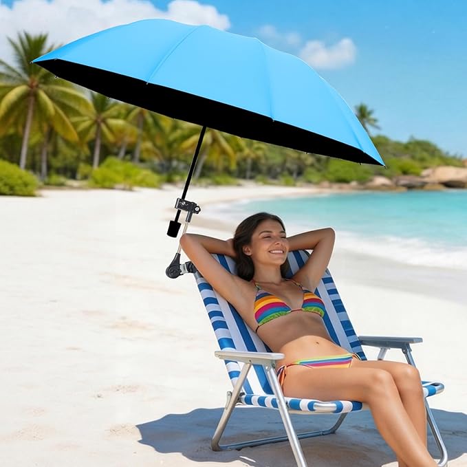 Beach Chair Umbrella with Clamp 360° Adjustable Clip On Umbrella for Camping Chair UPF 50+ UV Protection Sun Shade Portable Stroller Umbrellas for Travel, Wheelchair, Boat, Patio, Golf Cart