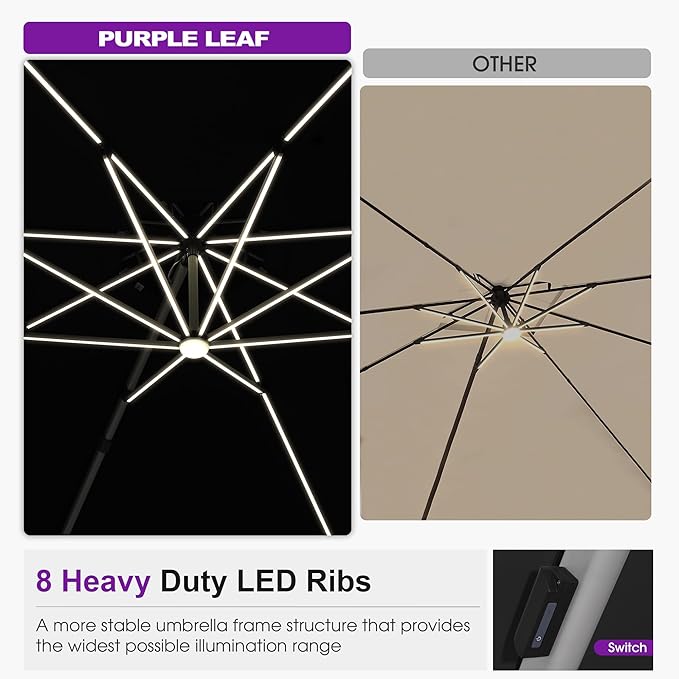 PURPLE LEAF 13ft Patio Umbrella with Lights Outdoor Round Large Cantilever Umbrella Solar Powered LED Windproof Offset Umbrella Heavy Duty for Garden Deck Pool Patio, Black
