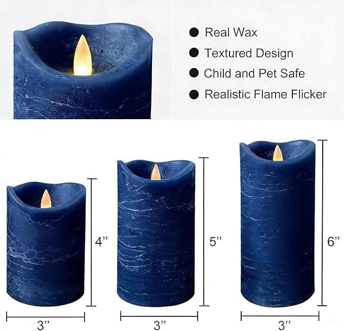 Real Wax Flameless Candles Set of 3 (D 3" x H 4" 5" 6") Battery Operated LED Candle with Timer Home Decorative Pillar Flickering Lights,Wedding Party Events Decor,Navy Blue