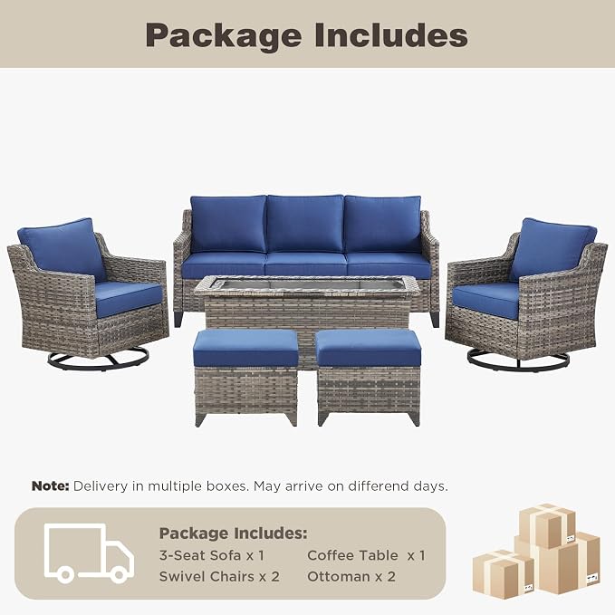 Belord Patio Wicker Swivel Rocker Patio Chairs with Coffee Table and 3-Seater Sofa, Outdoor Furniture Set for Deck Porch Garden, 6 Piece Luxury Patio Furniture Set, Blue
