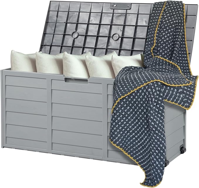 VINGLI 75 Gallon Outdoor Storage Box, Patio Deck Box Furniture with Rolling Wheels, Plastic Storage Containers with Lockable Design, For Garden, Yard, Balcony (Grey)