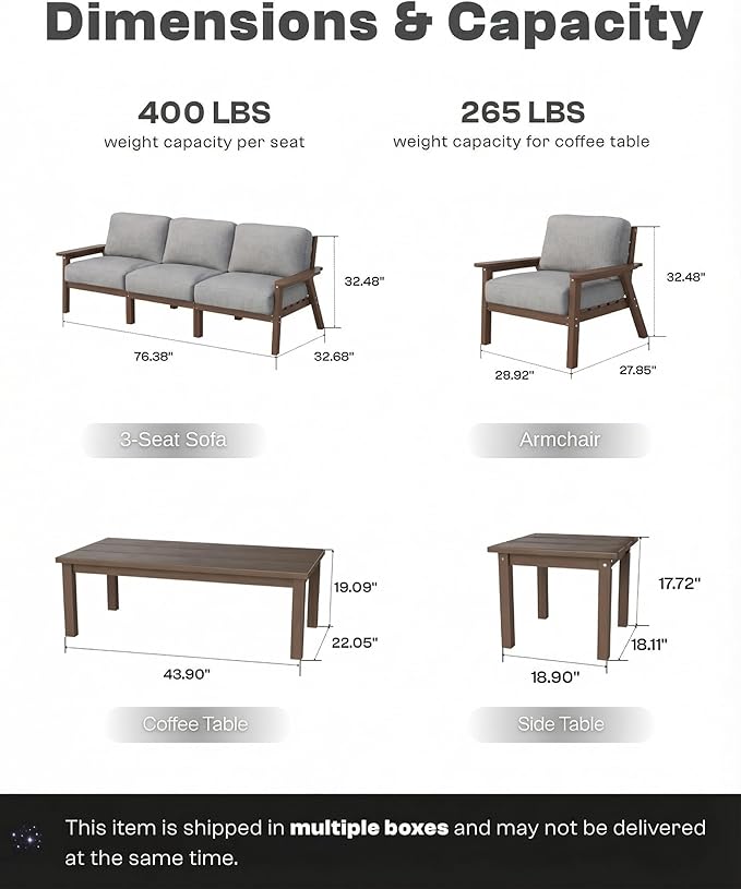 Patio Furniture Set with Washable Thick Gray Cushions, HDPE Outdoor Couch, All-Weather Outdoor Sectional Furniture, Patio Conversation Sets for Lawn, Garden, Porch (Brown Frame)