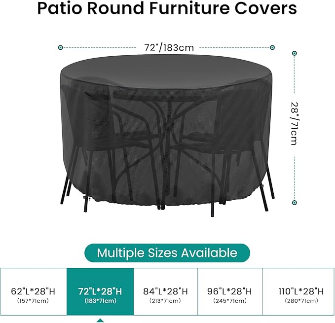 Round Patio Furniture Cover, Waterproof Outdoor Table Covers, Windproof Heavy Duty Patio Cover for Outdoor Table & Chair Set, Tear Resistant, 72"DIA x 28"H, Black