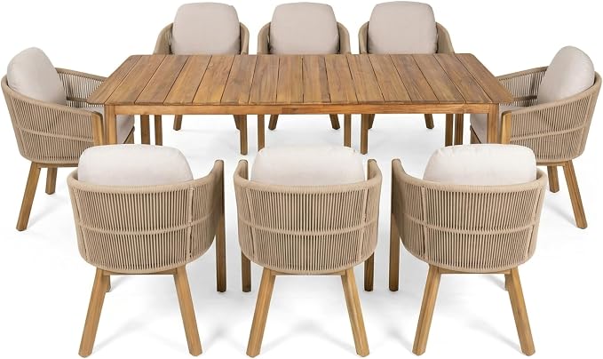 Christopher Knight Home Grotta 9 Piece Outdoor Dining Set, Acacia Wood Patio Dining Table Set with 8 Rope Weave Chairs Beige Cushions Rectangular Outdoor Furniture Set for Garden Patio Backyard